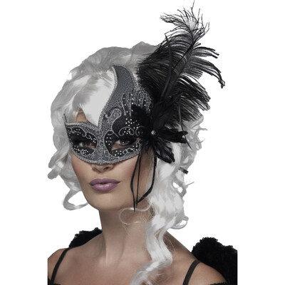 Dark Angel Black & Silver Masquerade Mask with Glitter & Feather Pk 1