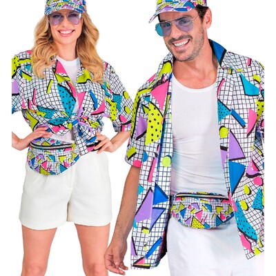 Adult 1980s White Geometric Party Shirt XXL | Unisex Neon Retro Costume Shirt