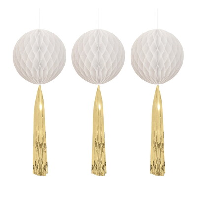 White Honeycomb Ball with Tassel Decorations 55cm Pk 3
