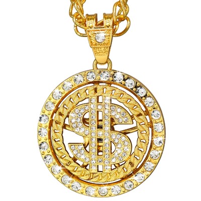 Strass Gold Dollar Sign Spinner Necklace 70cm | Diamante Hip Hop Costume Pendant