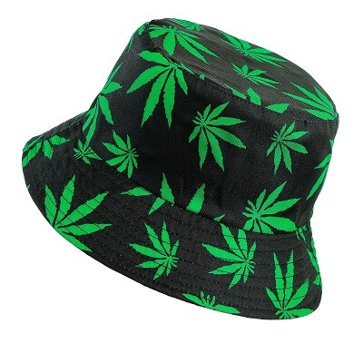 Black Bucket Hat with Green Hemp Leaf Print Adult Festival Hat