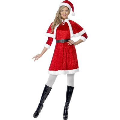 Adult Miss Santa Claus Dress & Cape Costume (Small, 8-10)