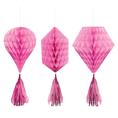 Bright Pink Hanging Honeycomb Decoration with Tassel (Pk 3)