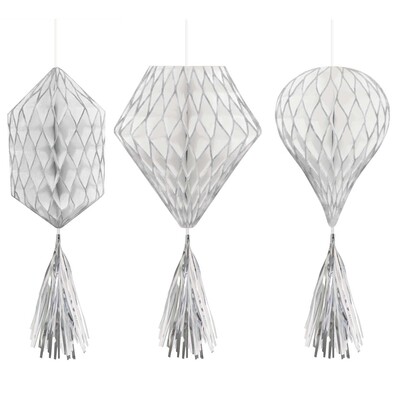 White & Silver Glitter Hanging Honeycomb Decorations w- Tassel Pk 3
