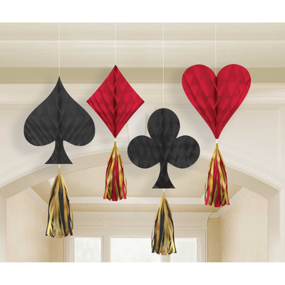 Casino Poker Mini Hanging Honeycomb Decorations with Tassel (Pk 4)