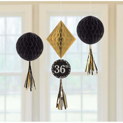Assorted Black & Gold Add Any Age Hanging Honeycomb Decorations with Tassels Pk 3