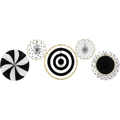 Black White & Gold Paper Fan Decorations Pack of 5 - Assorted Sizes Party Decor
