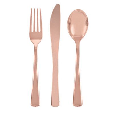 Reusable Metallic Rose Gold Plastic Cutlery Set (Pk 18)