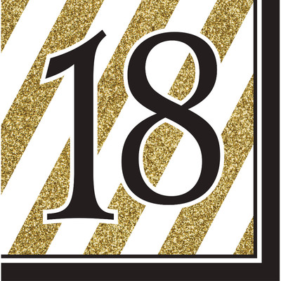 Black & Gold '18' 3 Ply Lunch Napkins Pk 16