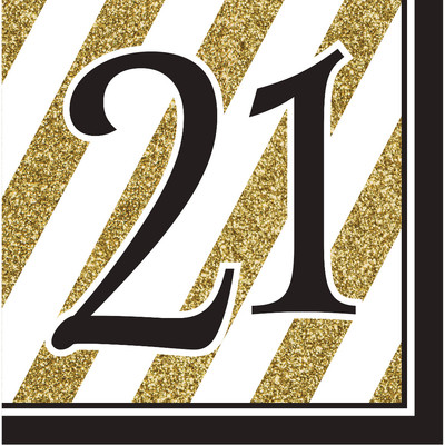 Black & Gold '21' 3 Ply Lunch Napkins Pk 16