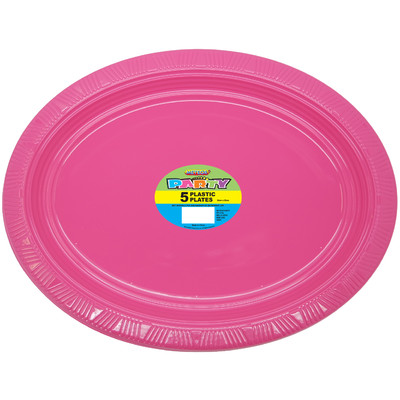 Hot Pink Plastic Oval Plates (30x23cm) Pk 5