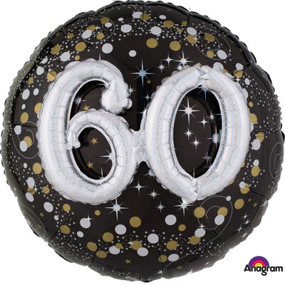 Black & Silver Holographic 60th Birthday 3D Supershape Foil Balloon Pk 1