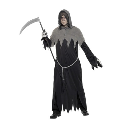 Adult Black Grim Reaper Hooded Robe Costume (Large)