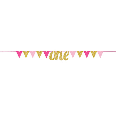 One Pink with Gold Glitter Pennant Flag Banner (2.74m) Pk 1