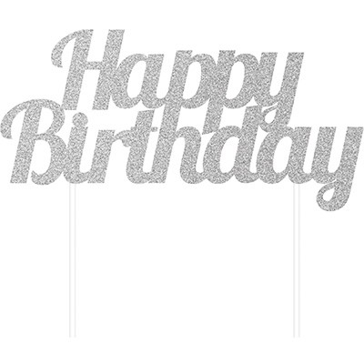 Silver Glitter Happy Birthday Cake Topper Decoration Pk 1