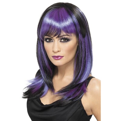 Halloween Gothic Glamour Purple & Black Long Wig Pk 1