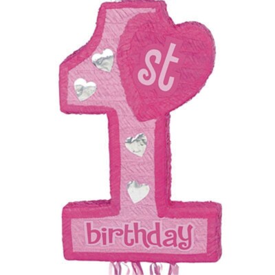 Pink 1st Birthday Pinata w/ Hearts Pull String Pk 1