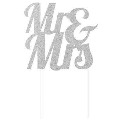 Mr & Mrs Silver Glitter Wedding Cake Topper Decoration Pk 1