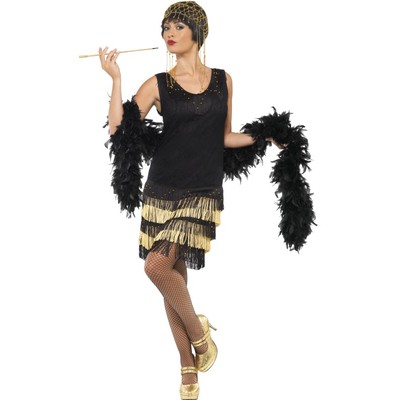 Black and Gold Fringed Flapper Dress Adult Costume (Size Large / 16-18)
