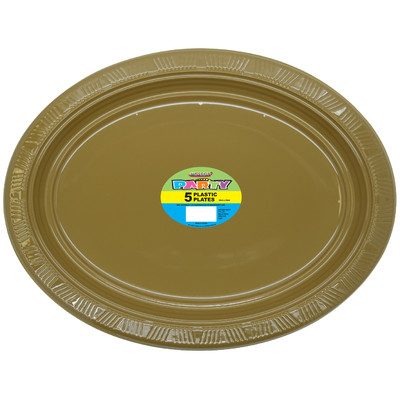 Gold Plastic Oval Plates (30x23cm) Pk 5