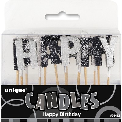 Glitz Black & Silver Happy Birthday Candles Pk 1  