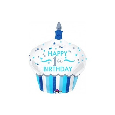1st Birthday Cupcake Boy Supershape Foil Balloon Pk1 