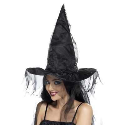Adult Black Halloween Witch Hat with Netting