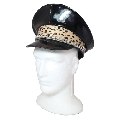 Black Police Hat with Leopard Spot Trim & Chain (Pk 1)