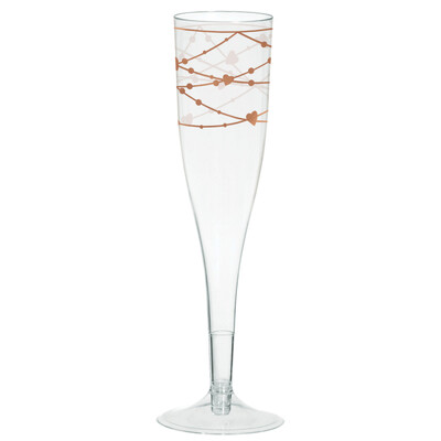 Plastic Champagne Glasses with Rose Gold Hearts (162ml) Pk 16