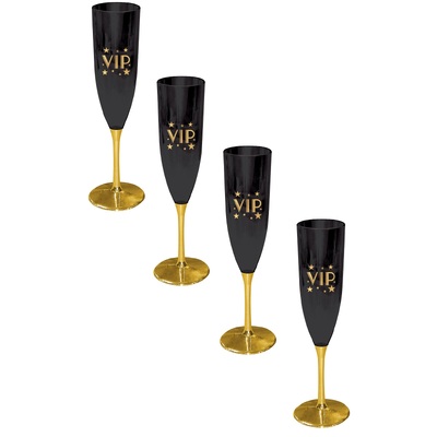Reusable Glitz Black & Gold VIP Plastic Champagne Flutes 147ml (Pk 4)