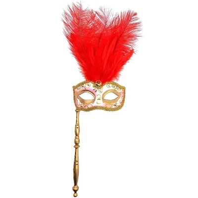 Red Feather Baroque Fantasy Masquerade Eye Mask on Stick 