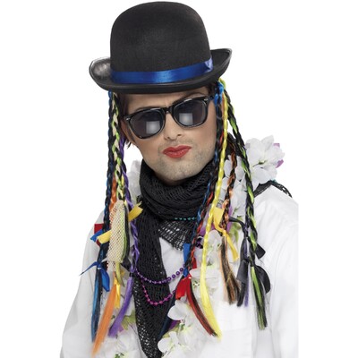 80s Chameleon Hat Costume Accessory – Black Bowler Hat with Colourful Braids