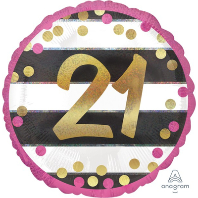 Pink & Gold Holographic Happy 21st Birthday 18in Foil Balloon (Pk 1)