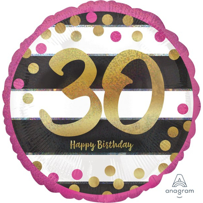 Pink & Gold Holographic Happy 30th Birthday 18in Foil Balloon (Pk 1)