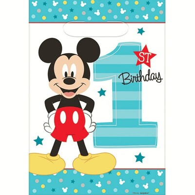 Mickey Mouse 1st Birthday Plastic Loot Bags Pk 8