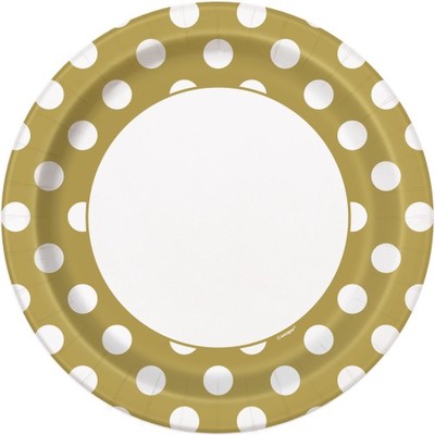 Gold 9in. Paper Plates with White Polka Dots Pk 8