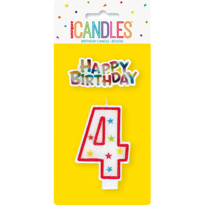 Candle Number 4 (Red with Stars) with Happy Birthday Topper Pk 1