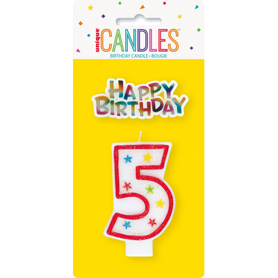 Candle Number 5 (Red with Stars) with Happy Birthday Topper Pk 1