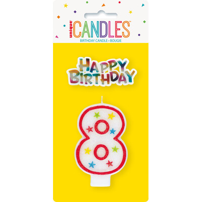 Candle Number 8 (Red with Stars) with Happy Birthday Topper Pk 1