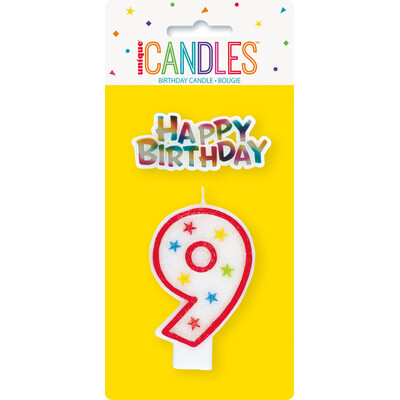 Candle Number 9 (Red with Stars) with Happy Birthday Topper Pk 1