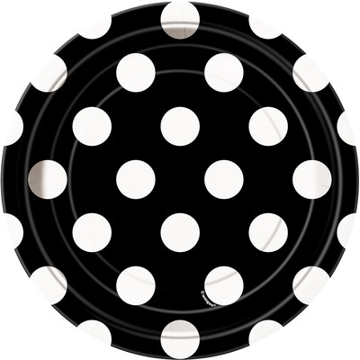 Black 7in Paper Plates with White Polka Dots Pk 8