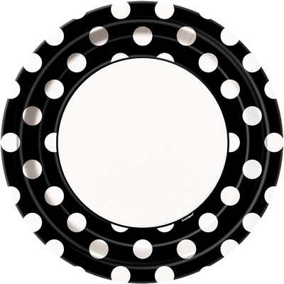 Black 9in Paper Plates with White Polka Dots Pk 8 