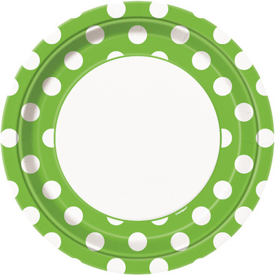 Lime Green 9in Paper Plates with White Polka Dots Pk 8 