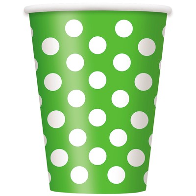 Lime Green 12oz Paper Cups with White Polka Dots Pk 6 
