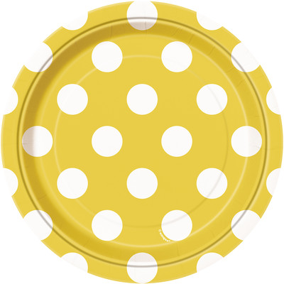 Yellow 7in Paper Plates with White Polka Dots Pk 8