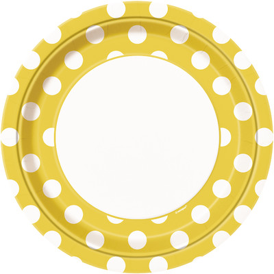 Yellow 9in Paper Plates with White Polka Dots Pk 8
