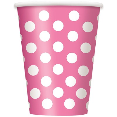 Hot Pink Paper Cups with White Polka Dots 12oz Pk 6