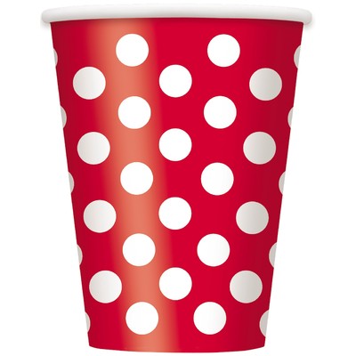 Ruby Red 12oz Paper Cups with White Polka Dots Pk 6 