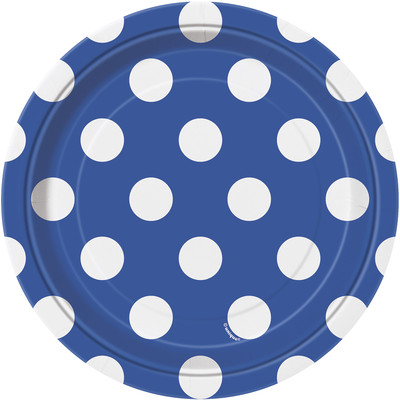 Royal Blue 7in Paper Plates with White Polka Dots Pk 8 