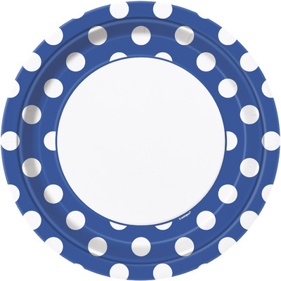 Royal Blue 9in Paper Plates with White Polka Dots Pk 8 